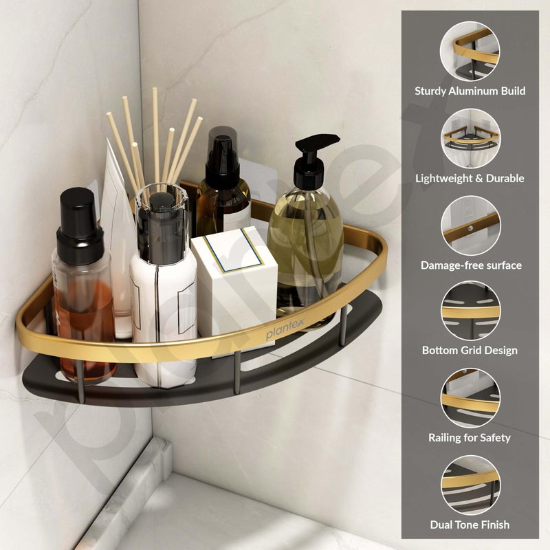 Plantex Self Adhesive Bathroom Corner Shelf/Aluminium Wall Mounted Rack for Kitchen Corner with Golden Railing & Magic Stickers/Bathroom Accessories (9x9 inches, Gold & Black) - Image 3
