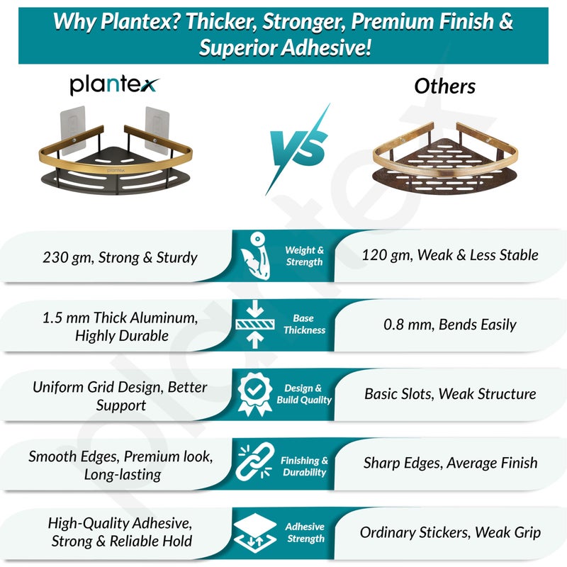 Plantex Self Adhesive Bathroom Corner Shelf/Aluminium Wall Mounted Rack for Kitchen Corner with Golden Railing & Magic Stickers/Bathroom Accessories (9x9 inches, Gold & Black) - Image 2