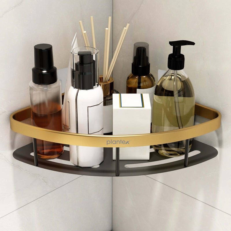 Plantex Self Adhesive Bathroom Corner Shelf/Aluminium Wall Mounted Rack for Kitchen Corner with Golden Railing & Magic Stickers/Bathroom Accessories (9x9 inches, Gold & Black) - Image 1