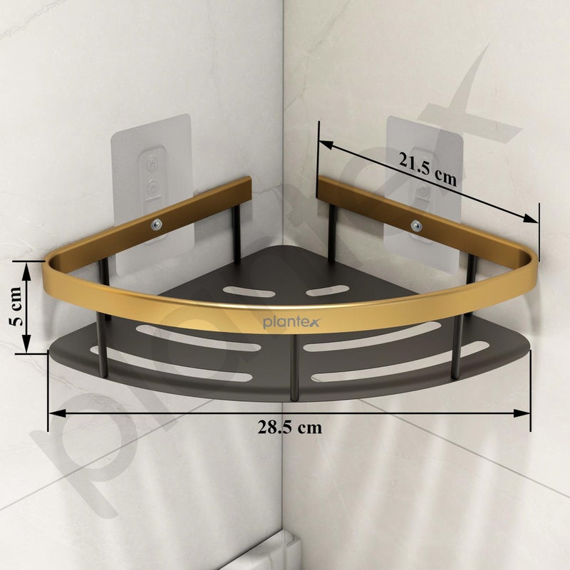 Plantex Self Adhesive Bathroom Corner Shelf/Aluminium Wall Mounted Rack for Kitchen Corner with Golden Railing & Magic Stickers/Bathroom Accessories (9x9 inches, Gold & Black) - Image 4