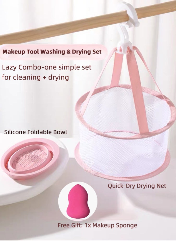 Zcheer Silicone Foldable Makeup Brush Cleaner Bowl, Quick-Dry Mesh Net, Includes Free Makeup Sponge, Portable Brush, Sponge & Powder Puff Cleaning Set (Pink) - Image 1