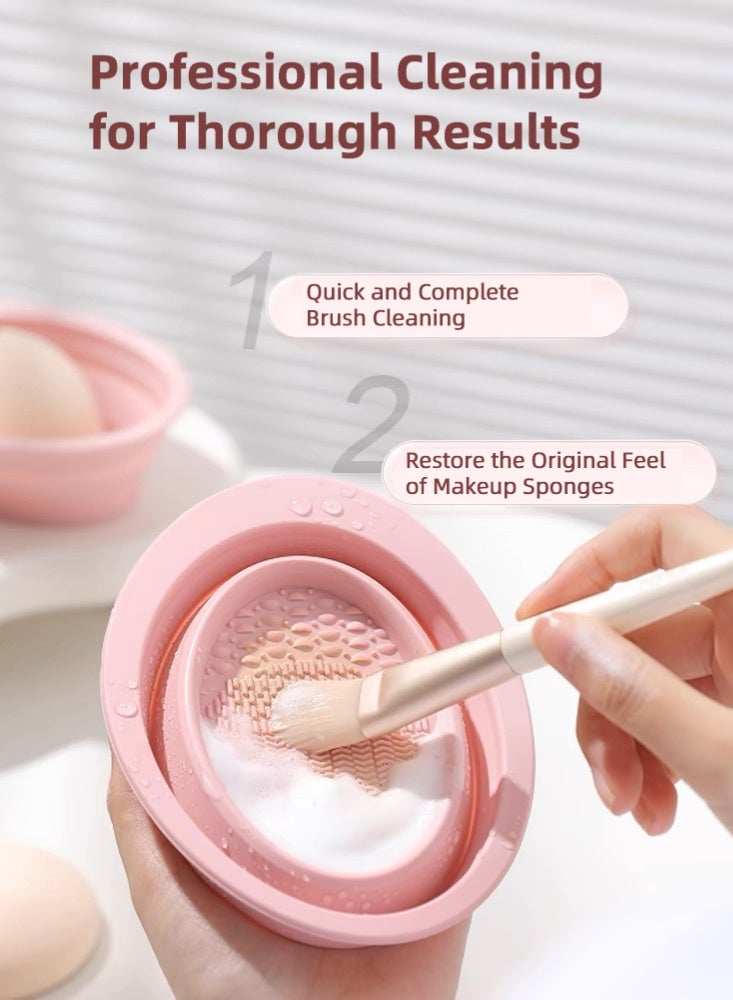 Zcheer Silicone Foldable Makeup Brush Cleaner Bowl, Quick-Dry Mesh Net, Includes Free Makeup Sponge, Portable Brush, Sponge & Powder Puff Cleaning Set (Pink) - Image 4