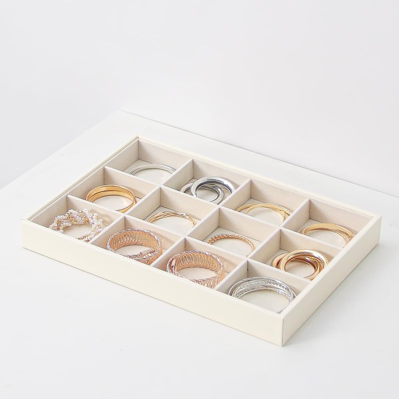 Ausalivan Stackable Jewelry Organizer Tray For Drawers,White Leather Small Earring Storage Tray,Bracelet And Necklace Display Box,Jewelry Ring Display Case (Creamy White 12 Grids) - Image 4