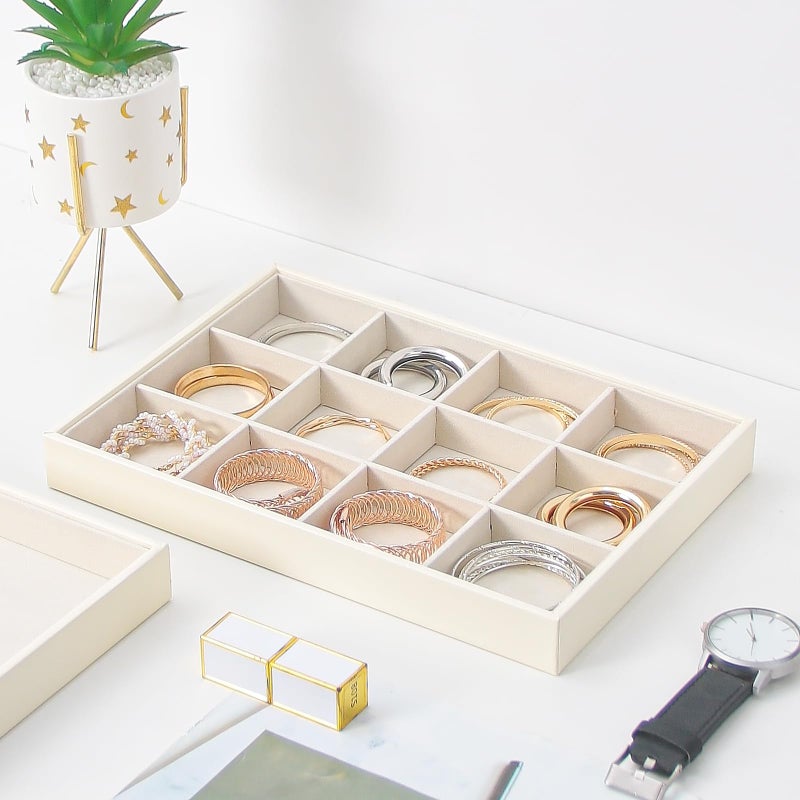 Ausalivan Stackable Jewelry Organizer Tray For Drawers,White Leather Small Earring Storage Tray,Bracelet And Necklace Display Box,Jewelry Ring Display Case (Creamy White 12 Grids) - Image 2