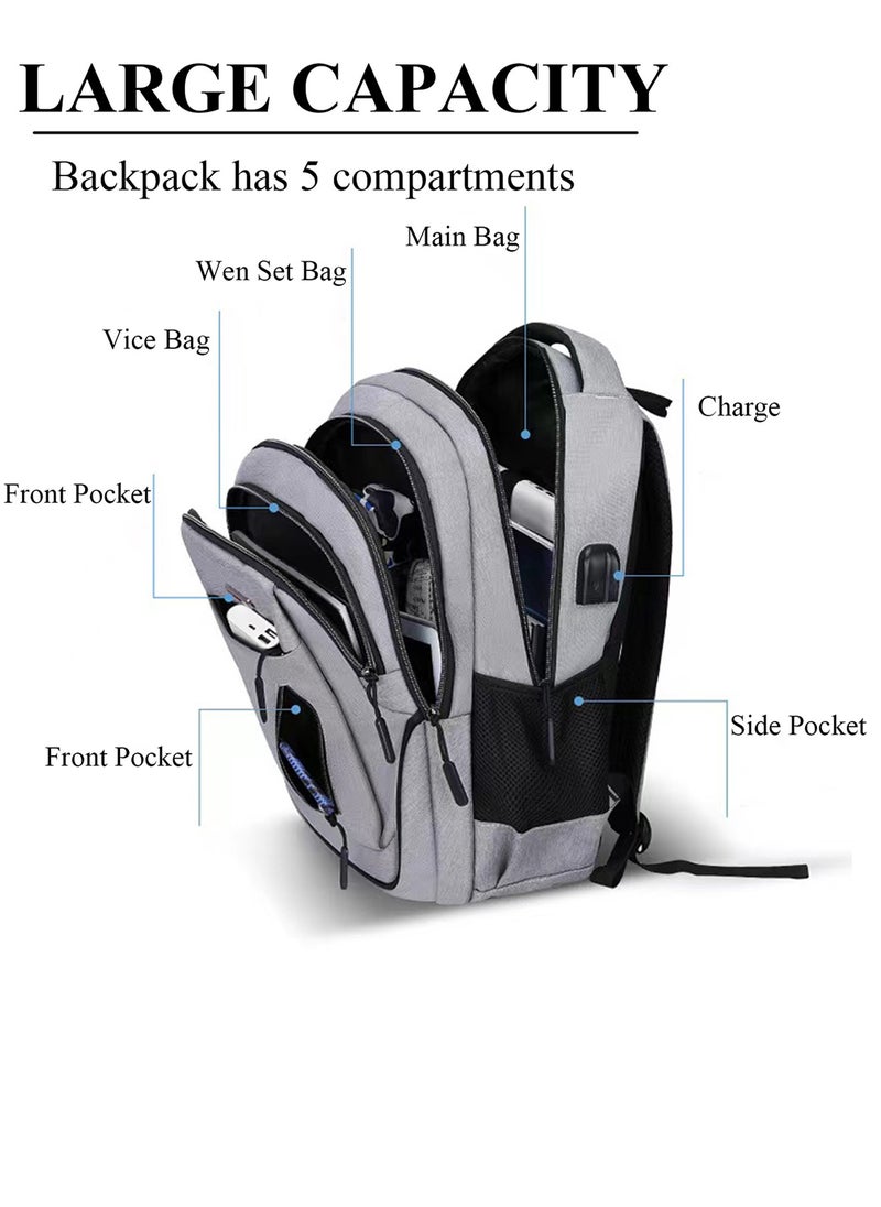 Qiccijoo - Qiccijoo Laptop Backpack for Men & Women Business Travel Backpack with Usb Charging Port College School Computer Backpack Fits 15.6 Inch Laptop Notebook(Grey) - Image 1