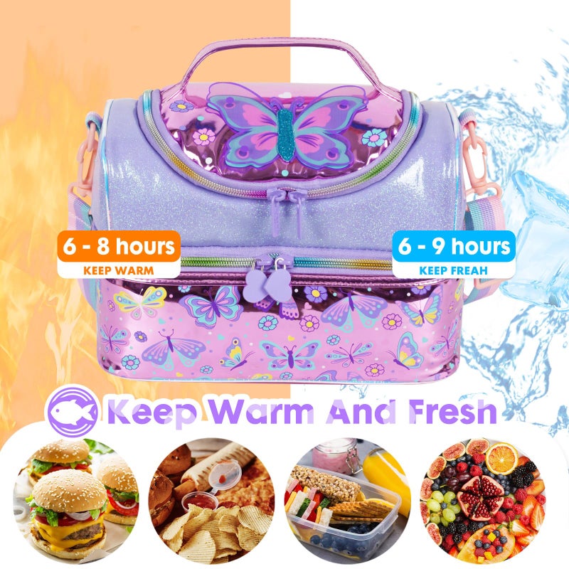 YOYTOO Kids Double Decker Cooler Insulated Lunch Bag, Back to School Large Meal Tote for Boys, Girls, Men, Women, with Adjustable Strap, Butterfly - Image 5