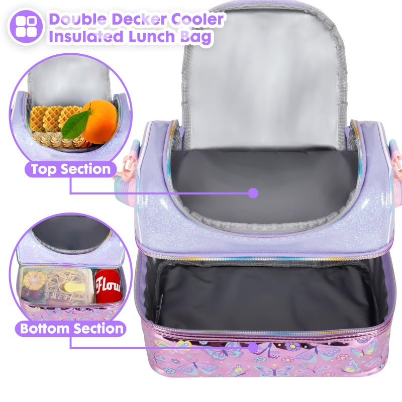 YOYTOO Kids Double Decker Cooler Insulated Lunch Bag, Back to School Large Meal Tote for Boys, Girls, Men, Women, with Adjustable Strap, Butterfly - Image 2