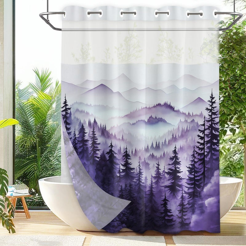 QGHOT Forest Hookless Shower Curtain with Snap in Liner  Nature Mountain No Hook Double Layer Shower Curtain and Liner Set  Ringless with Window Waterproof Cloth Fabric  71"" W x 74"" L  Purple - Image 1