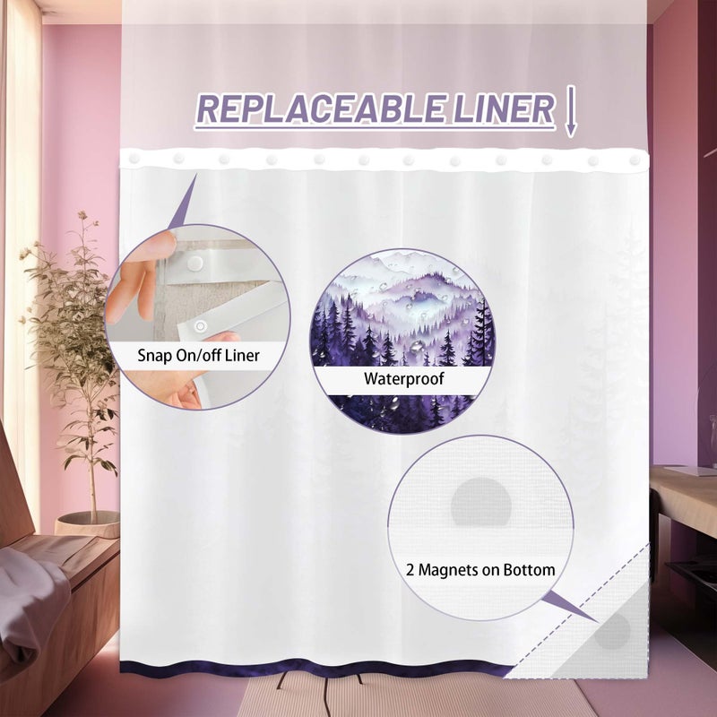QGHOT Forest Hookless Shower Curtain with Snap in Liner  Nature Mountain No Hook Double Layer Shower Curtain and Liner Set  Ringless with Window Waterproof Cloth Fabric  71"" W x 74"" L  Purple - Image 3