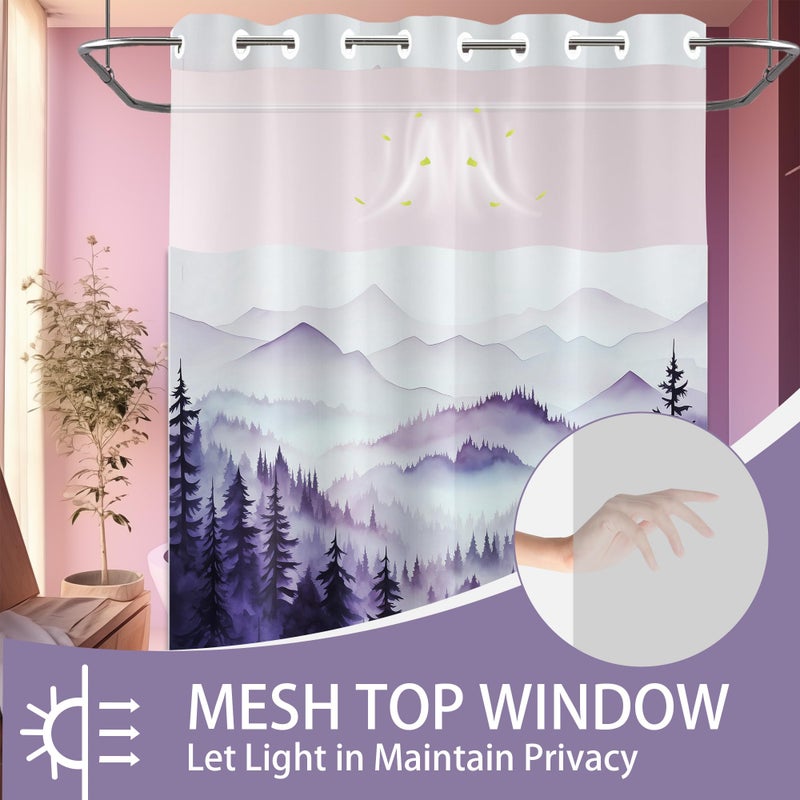 QGHOT Forest Hookless Shower Curtain with Snap in Liner  Nature Mountain No Hook Double Layer Shower Curtain and Liner Set  Ringless with Window Waterproof Cloth Fabric  71"" W x 74"" L  Purple - Image 2