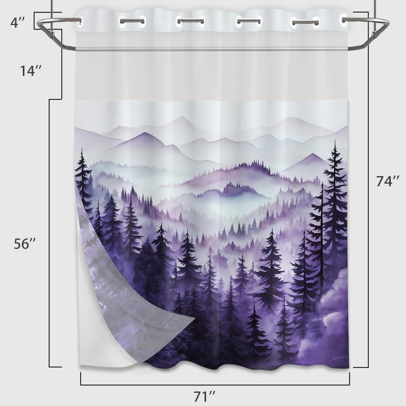 QGHOT Forest Hookless Shower Curtain with Snap in Liner  Nature Mountain No Hook Double Layer Shower Curtain and Liner Set  Ringless with Window Waterproof Cloth Fabric  71"" W x 74"" L  Purple - Image 5