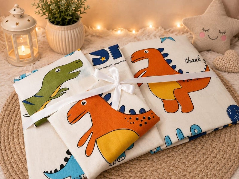 Baby Crib Sheet Set, Amreya Cotton, 3 Pieces, Size 120cm, Dinosaur Design, Pilling and Shrinkage Resistant, Includes Sheet Without Elastic and Pillow and Pillows