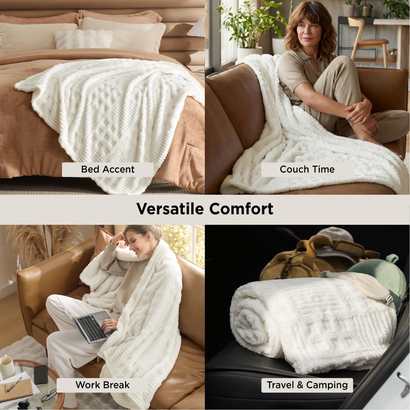 Bedsure White Throw Blanket for Couch - GentleSoft Fluffy Waffle Blanket for Sofa Bed Room Decor, Super Cozy Fleece Checkered Throw for Women, Warm for All Season, 50x60 Inches - Image 5