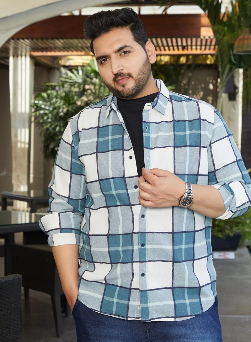 Instafab Plus Men's Steel Blue Overlaping Check Shirt For Casual Wear | Spread Collar | Long Cuffed Sleeves | Button Closure | Plus Size Shirt Crafted With Comfort Fit For Everyday Wear