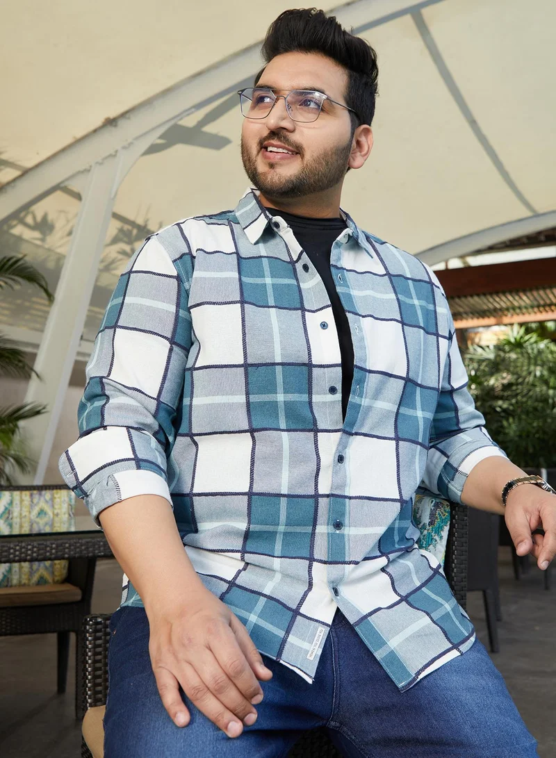 Instafab Plus Men's Steel Blue Overlaping Check Shirt For Casual Wear | Spread Collar | Long Cuffed Sleeves | Button Closure | Plus Size Shirt Crafted With Comfort Fit For Everyday Wear