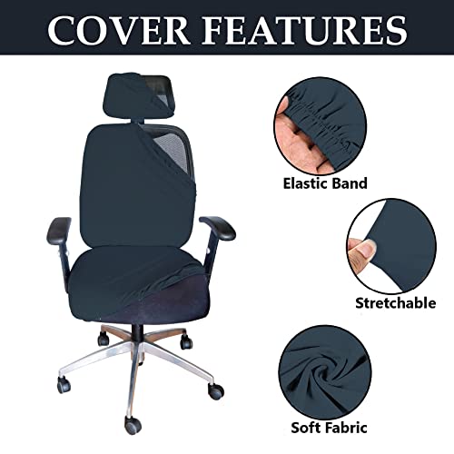 HOTKEI 3 Piece Dark Grey Office Chair Cover with Headrest Cover 200GSM Fabric Stretchable Removable Stain Proof Office Computer Desk Executive Rotating Chair Seat Covers Slipcover Protector - Image 5
