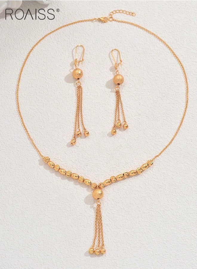 roaiss 3 Pcs Gold Tassel Jewelry Set for Women, Simple Gourd Gold Bead Earrings, Exquisite Clavicle Necklace Suitable for Party Weddings and Daily Wear - Image 3