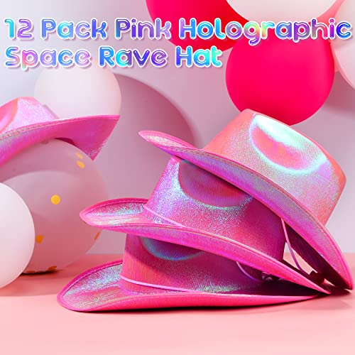 Coume 12 Pcs Neon Sparkly Glitter Cowgirl Cowboy Hat for Women Girl Holographic Cowboy Hat Bulk for Bachelor Halloween Party(Pink,Stylish Style) - Image 2