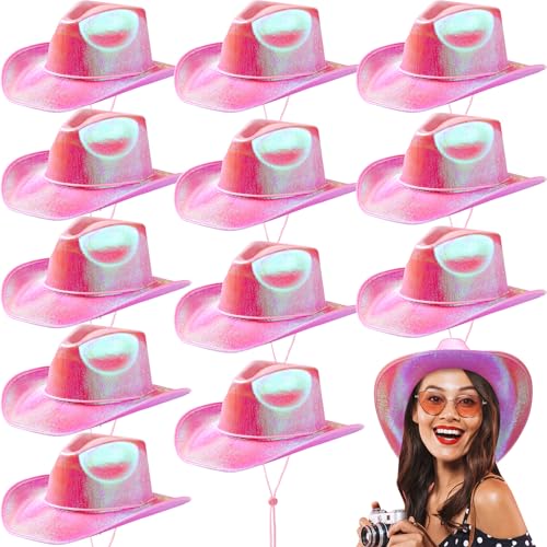 Coume 12 Pcs Neon Sparkly Glitter Cowgirl Cowboy Hat for Women Girl Holographic Cowboy Hat Bulk for Bachelor Halloween Party(Pink,Stylish Style) - Image 1