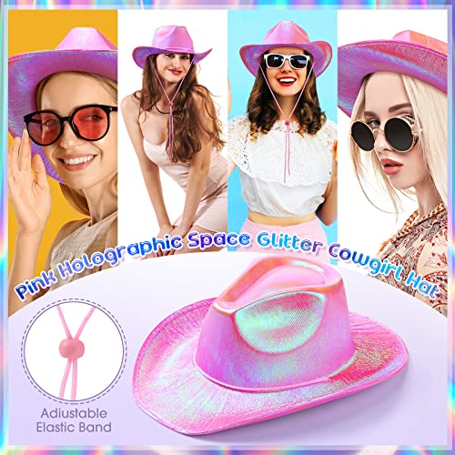 Coume 12 Pcs Neon Sparkly Glitter Cowgirl Cowboy Hat for Women Girl Holographic Cowboy Hat Bulk for Bachelor Halloween Party(Pink,Stylish Style) - Image 4
