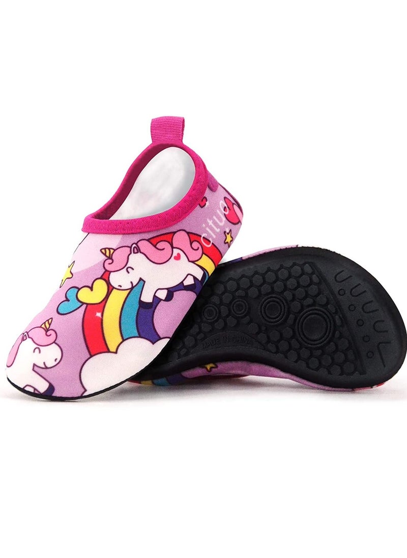 Generic Girls Boys Water Shoes Cartoon Unicorn Water Sport Shoes Quick Dry Hard Sole Non Slip Barefoot Water Shoes Swim Socks Aqua Water Shoes (Pink Unicorn)  - Image 1