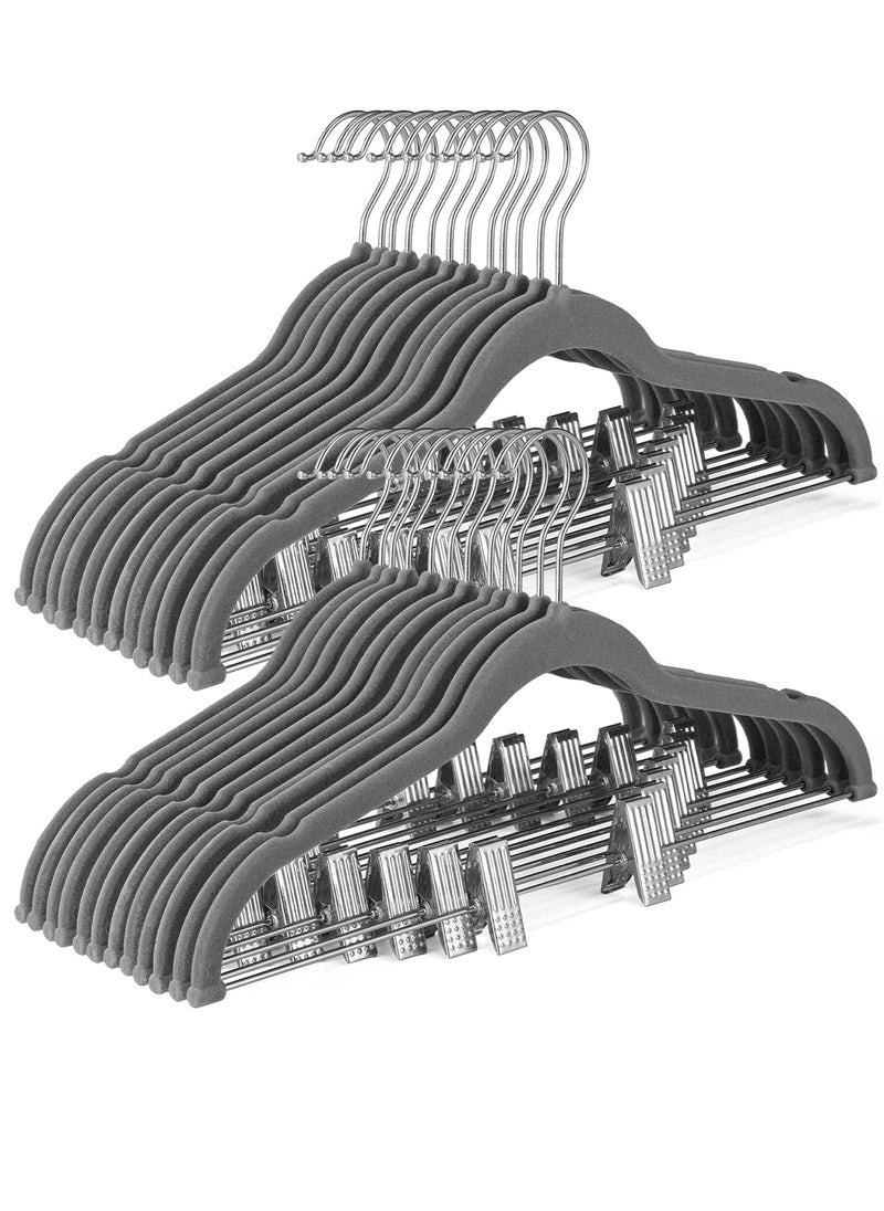 KASTWAVE DAY Velvet Skirt Hangers 20 Pack, Gray Velvet Hangers with Adjustable Clips, Space Saving Slim Velvet Pant Hangers, Heavy Duty Shorts Hangers, Non Slip Clip Hangers for Pants, Skirts, Shorts  - Image 1