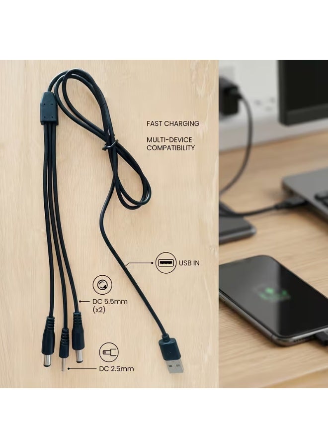 كابلات USB 3 في 1، شاحن USB عالمي متعدد المنافذ، مزود بكابلين شحن عالميين متعدد المنافذ DC5.5 مم و DC2.5 مم، مع 3 منافذ للهواتف المحمولة، ومكبرات الصوت، ومشغلات MP3 و MP4، ومصابيح المكتب، وغيرها من أجهزة الشحن DC2.5 مم / DC5.5 مم. - Image 4