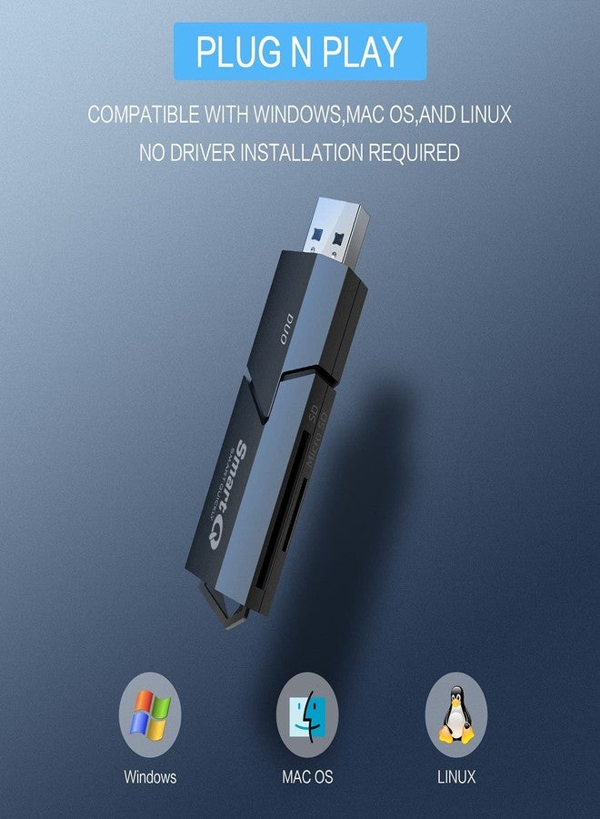 سمارت كيو قارئ بطاقات الذاكرة SmartQ C307 SD المحمول، محول USB 3.0 لبطاقات الذاكرة SD، Micro SD، SDXC، SDHC، MMC، Micro SDXC، Micro SDHC، UHS-I، متوافق مع Mac، Windows، Linux، Chrome، الكمبيوتر الشخصي، الكمبيوتر المحمول، Switch Duo، أسود - Image 3
