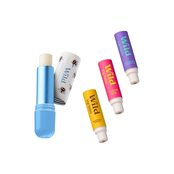Wild Refillable Lip Balm Starter Kit - Includes Bee Print Aluminum Case & 3 Pack Lip Balm Refills in a Variety of Scents - Includes Coconut & Vanilla, Manuka Honey & Passionfruit Swirl Scents
