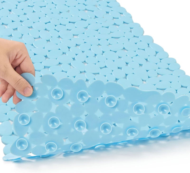 SONGZIMING Bathtub Mat Non Slip Pebble Bath Shower Mat with Drain Holes, Suction Cups Mat for Tub 16" W x 35" L, Blue - Image 1