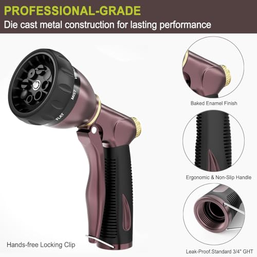 FANHAO Heavy Duty Garden Hose Nozzle, 100% Metal Water Nozzle with 8 Adjustable Spray Patterns, High Pressure Hose Sprayer with Non-Slip Grip for Watering Plants & Lawns, Washing Cars & Pets -Bronze - Image 3