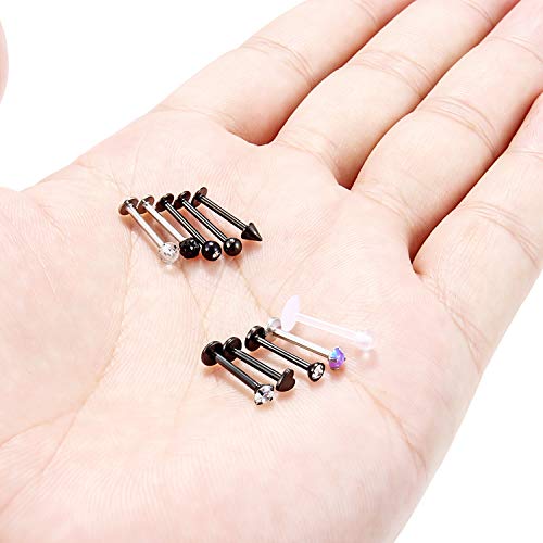 Ftovosyo 10pcs 16g 316L Stainless Steel Lip Ring 3mm Cubic Zirconia Labret Studs Monroe Cartilage Tragus Helix Earring Piercing Jewelry 10mm Bar Length for Women Men Black 10mm - Image 3