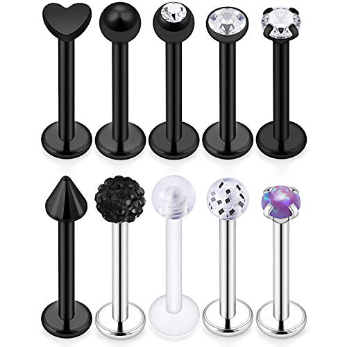 Ftovosyo 10pcs 16g 316L Stainless Steel Lip Ring 3mm Cubic Zirconia Labret Studs Monroe Cartilage Tragus Helix Earring Piercing Jewelry 10mm Bar Length for Women Men Black 10mm - Image 1