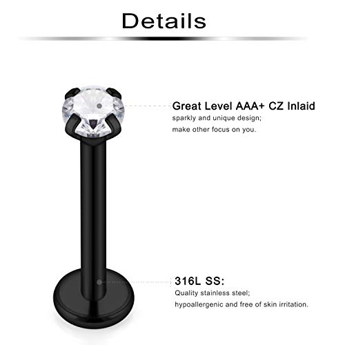 Ftovosyo 10pcs 16g 316L Stainless Steel Lip Ring 3mm Cubic Zirconia Labret Studs Monroe Cartilage Tragus Helix Earring Piercing Jewelry 10mm Bar Length for Women Men Black 10mm - Image 2