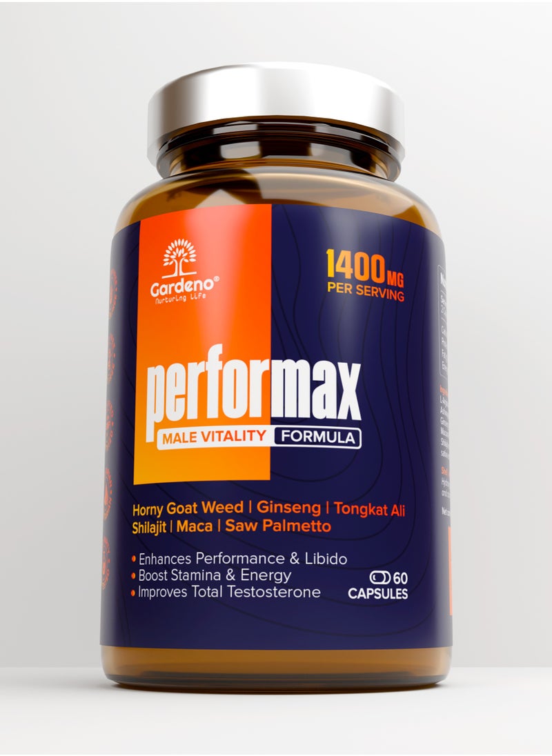 Gardeno Performax – 12-in-1 Herbal Blend | Extra Strength Men's Formula for Vitality & Natural Energy | 60 Veg Capsules  - Image 1