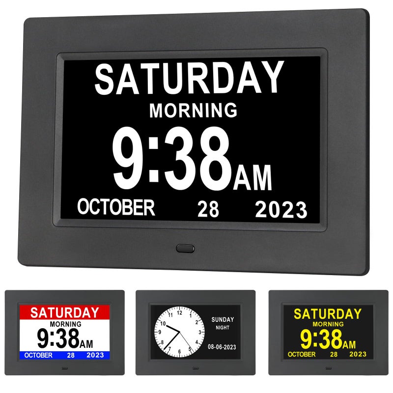 Aowasi Digital Calendar Alarm Day Clock 12 Alarm Options Extra Large Display NonAbbreviated Day Month Digital Clock for Seniors Dementia Alzheimer Memory Loss Vision Impaired Elderly
