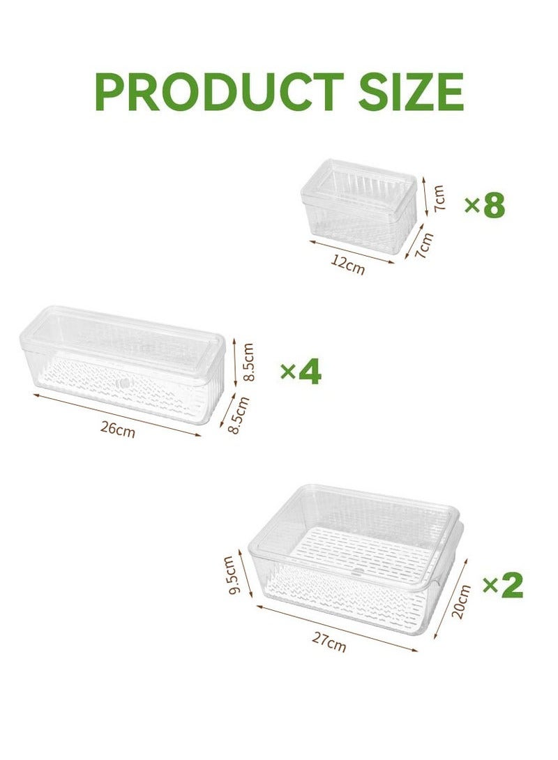 Hanayo 14 Pcs Fridge Organizer Stackable Refrigerator Organizer Bins with Lids Drain Tray Fruit Storage Containers for Food Vegetable Storage(Clear) - Image 2