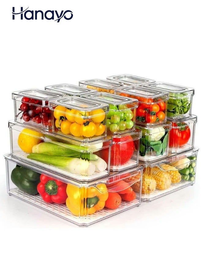 Hanayo 14 Pcs Fridge Organizer Stackable Refrigerator Organizer Bins with Lids Drain Tray Fruit Storage Containers for Food Vegetable Storage(Clear) - Image 1