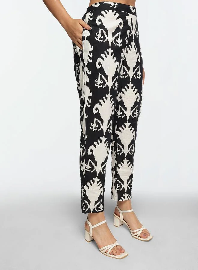 ISHIN Women's Black Cotton Printed Shrug Upper Calf Length Pleat Front Bottom Straight Fit Co-Ords Set