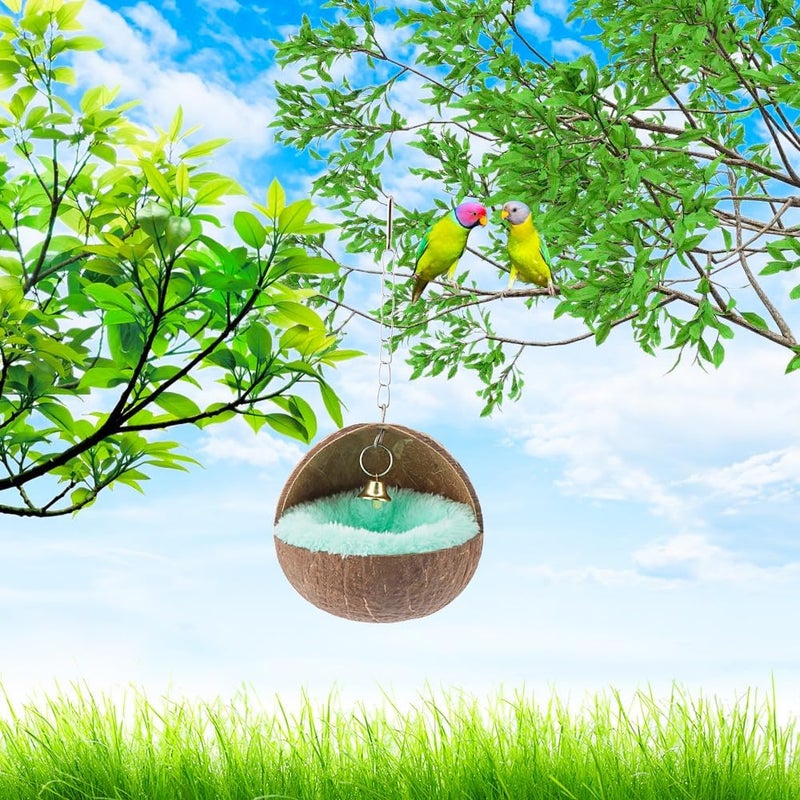 VTurboWay 2 Pcs Natural Coconut Shell Bird Nest House Bed Breeding Nesting Anti-Pecking Bite with Warm Pad and Bell for Bird Parrot Budgie Parakeet Cockatiel Conure Lovebird Canary Finch - Image 5