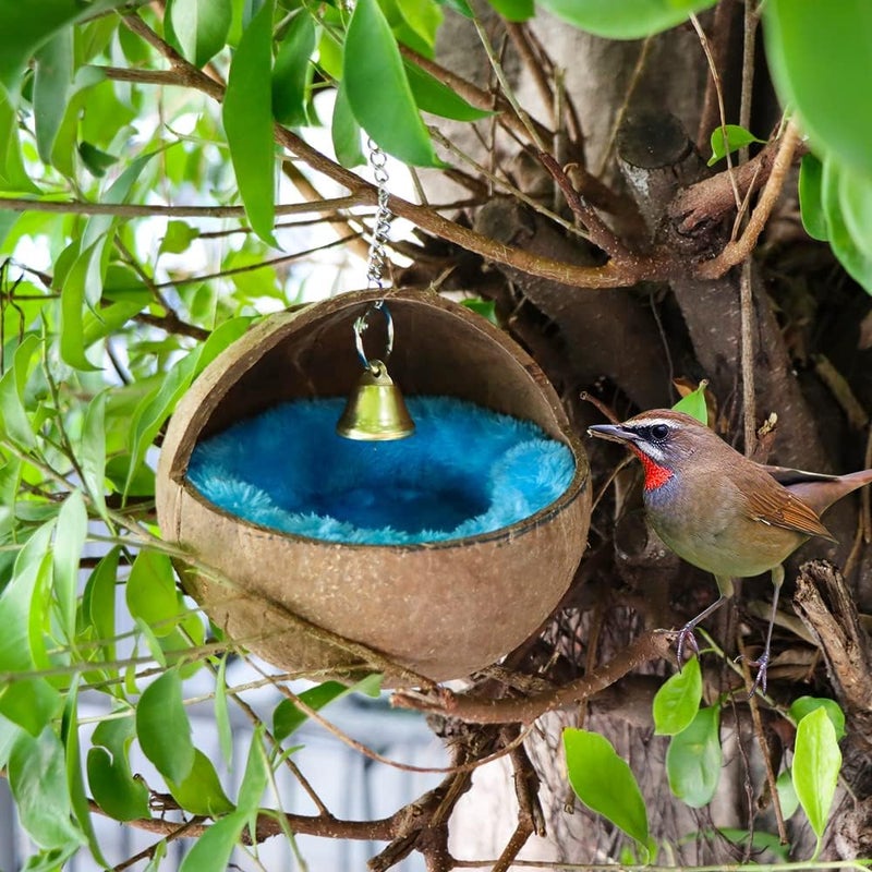 VTurboWay 2 Pcs Natural Coconut Shell Bird Nest House Bed Breeding Nesting Anti-Pecking Bite with Warm Pad and Bell for Bird Parrot Budgie Parakeet Cockatiel Conure Lovebird Canary Finch - Image 3