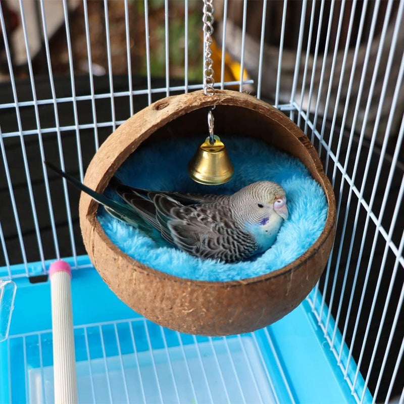 VTurboWay 2 Pcs Natural Coconut Shell Bird Nest House Bed Breeding Nesting Anti-Pecking Bite with Warm Pad and Bell for Bird Parrot Budgie Parakeet Cockatiel Conure Lovebird Canary Finch - Image 2