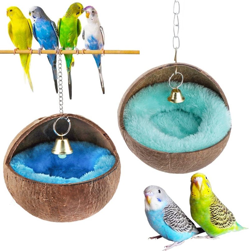 VTurboWay 2 Pcs Natural Coconut Shell Bird Nest House Bed Breeding Nesting Anti-Pecking Bite with Warm Pad and Bell for Bird Parrot Budgie Parakeet Cockatiel Conure Lovebird Canary Finch - Image 1