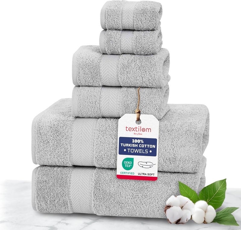 TEXTILOM 6 Pcs Towel Set, 2 Bath Towels, 2 Hand Towels, 2 Washcloths, 100% Luxury Cotton, Hotel Quality Bathroom Towels, Soft Hand Towels, Washable&Highly Absorbent&Quick Dry, Lightweight - Light Grey - Image 1