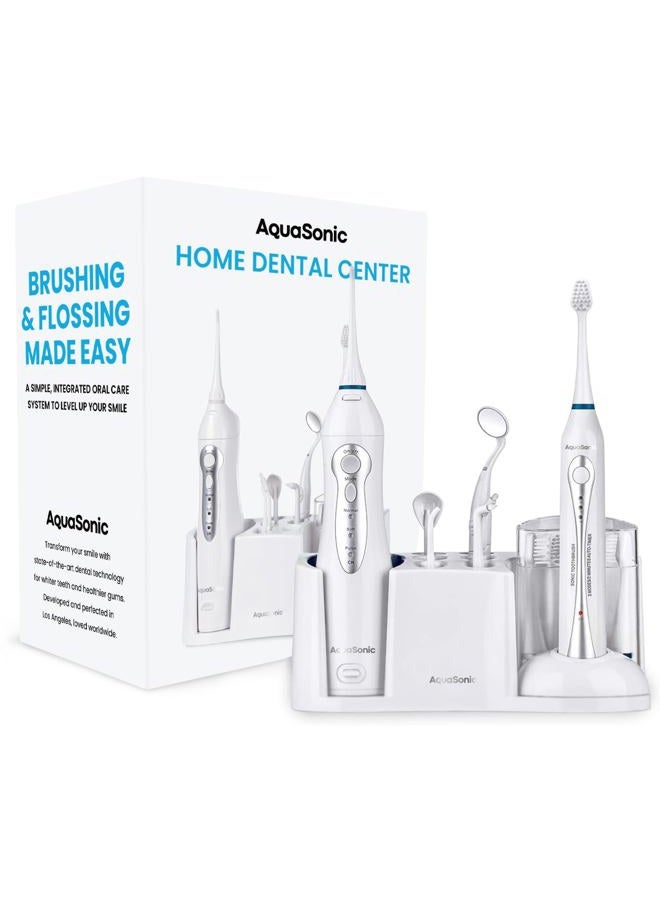 AquaSonic Home Dental Center Rechargeable Power Toothbrush & Smart Water Flosser - Complete Family Oral Care System - 10 Attachments and Tips Included - Various Modes & Timers (White) - Image 1