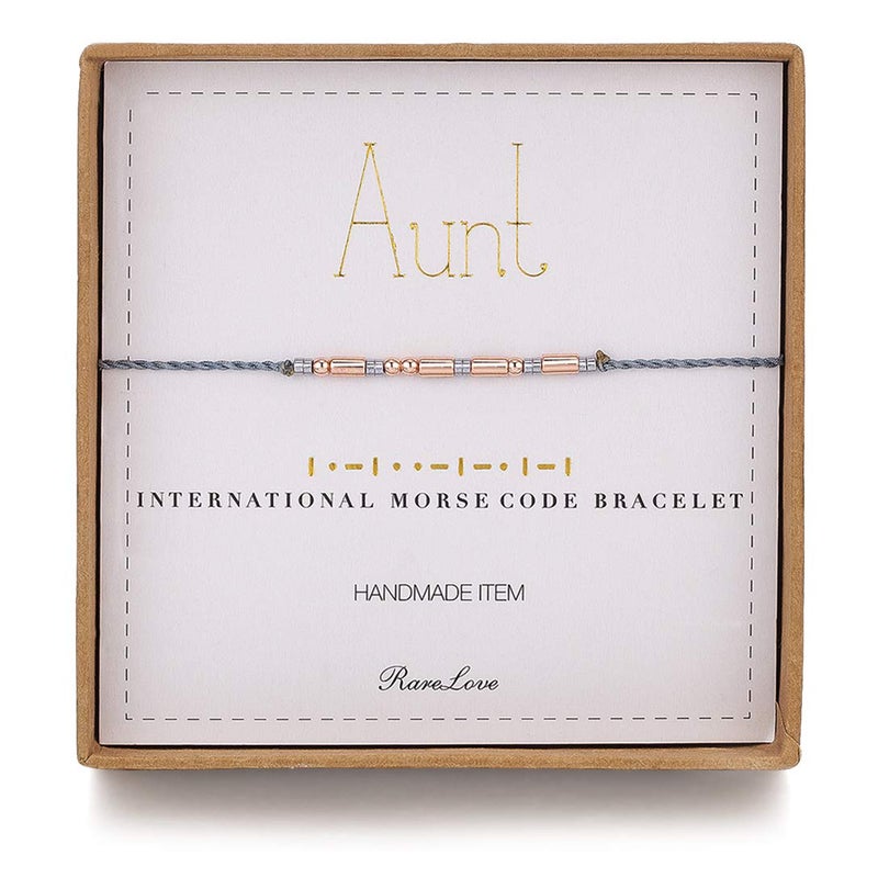 RareLove Aunt Morse Code Bracelets Best Aunt Christmas Gift Women Rose Golden Beads Grey String Bracelet - Image 1