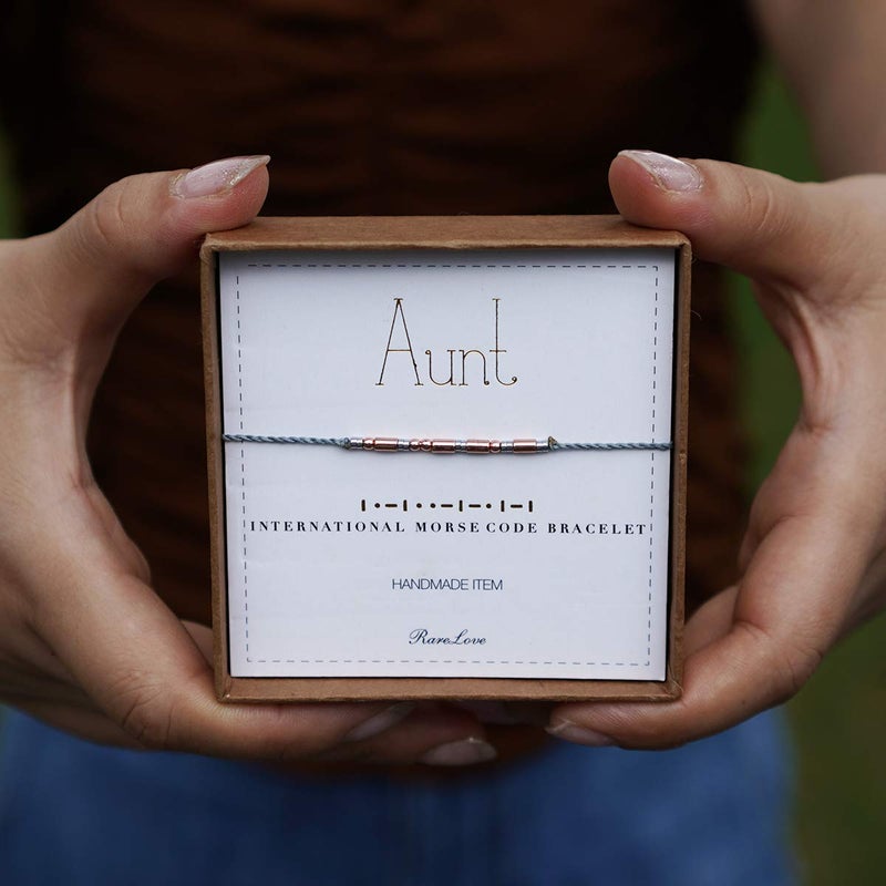 RareLove Aunt Morse Code Bracelets Best Aunt Christmas Gift Women Rose Golden Beads Grey String Bracelet - Image 3