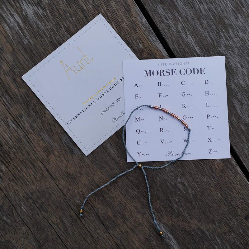 RareLove Aunt Morse Code Bracelets Best Aunt Christmas Gift Women Rose Golden Beads Grey String Bracelet - Image 4