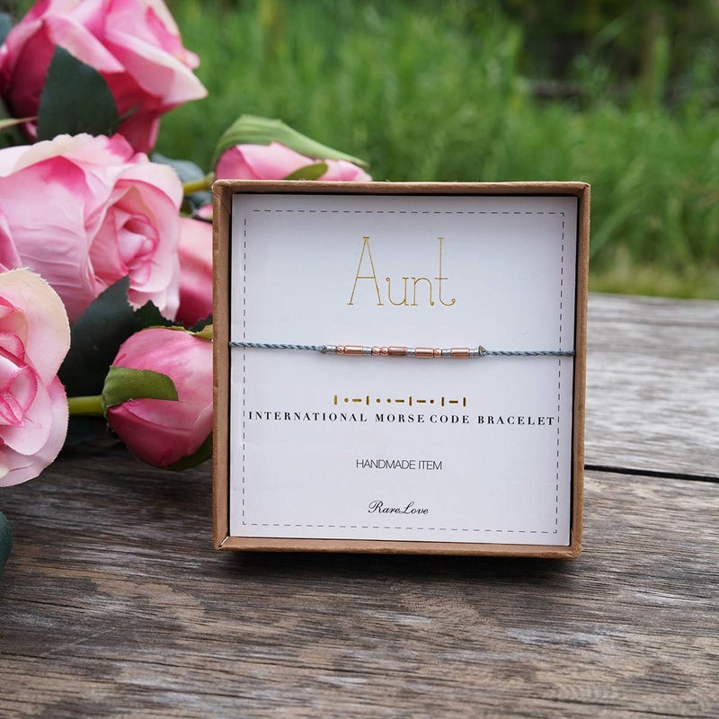 RareLove Aunt Morse Code Bracelets Best Aunt Christmas Gift Women Rose Golden Beads Grey String Bracelet - Image 2