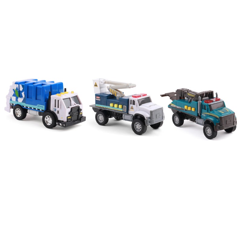 Mighty Fleet Toughest Minis 3 Pack, 5" Garbage Truck, Cherry Picker, Tow Truck Toy w/Lights & Sounds, Realistic Design & Batteries Included - Age 3+ - Image 1
